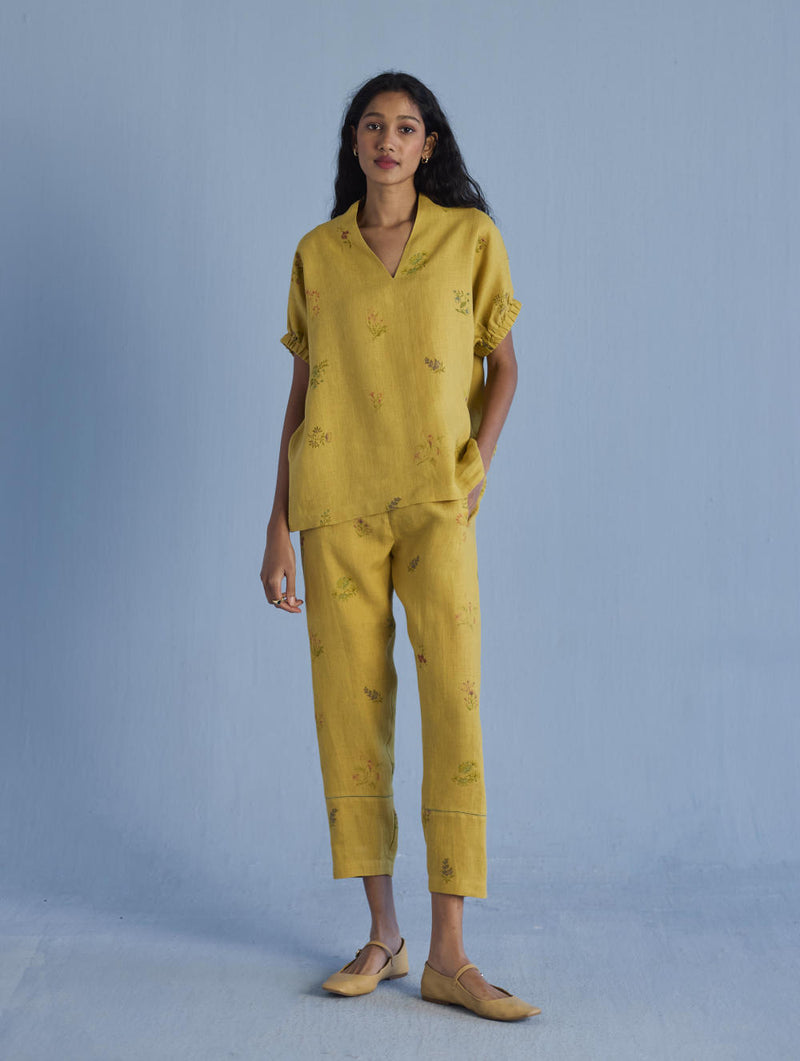 Mihen Elasticated Sleeve Linen Top - Ochre linen by Manan for women in Singapore