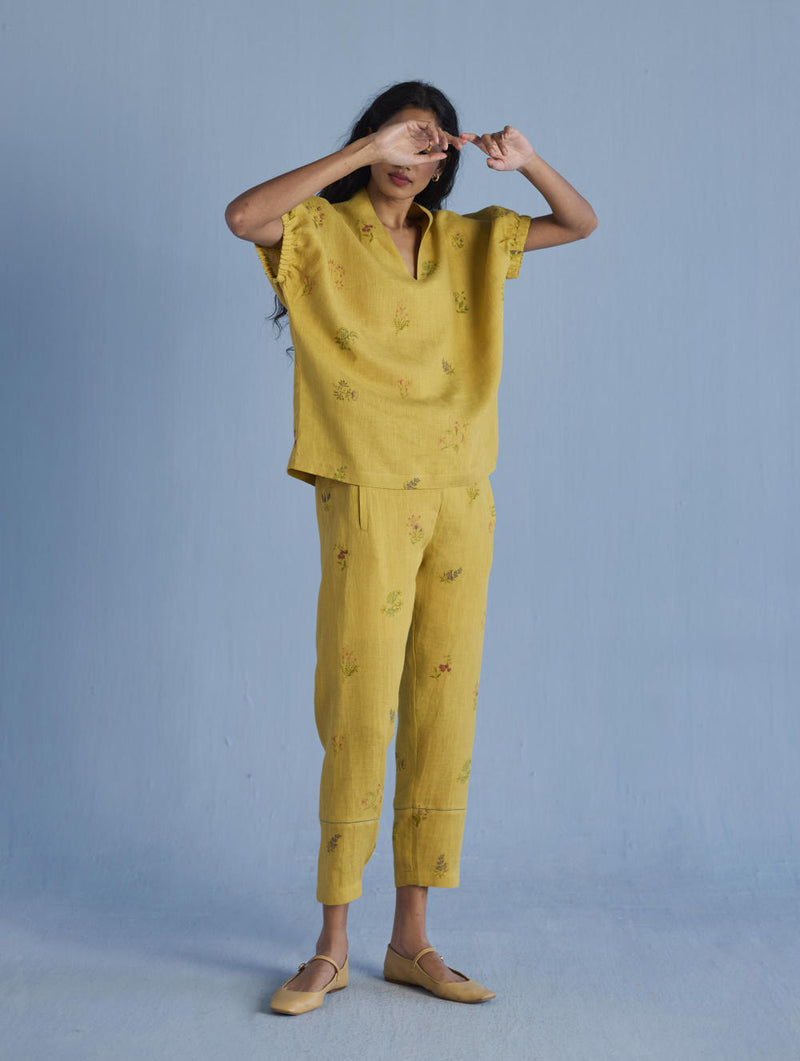 Mihen Elasticated Sleeve Co-ord Set - Ochre linen by Manan for women in Singapore