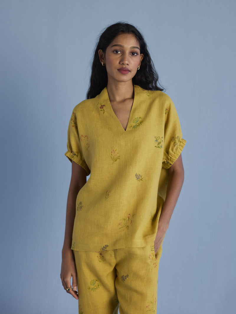 Mihen Elasticated Sleeve Co-ord Set - Ochre linen by Manan for women in Singapore
