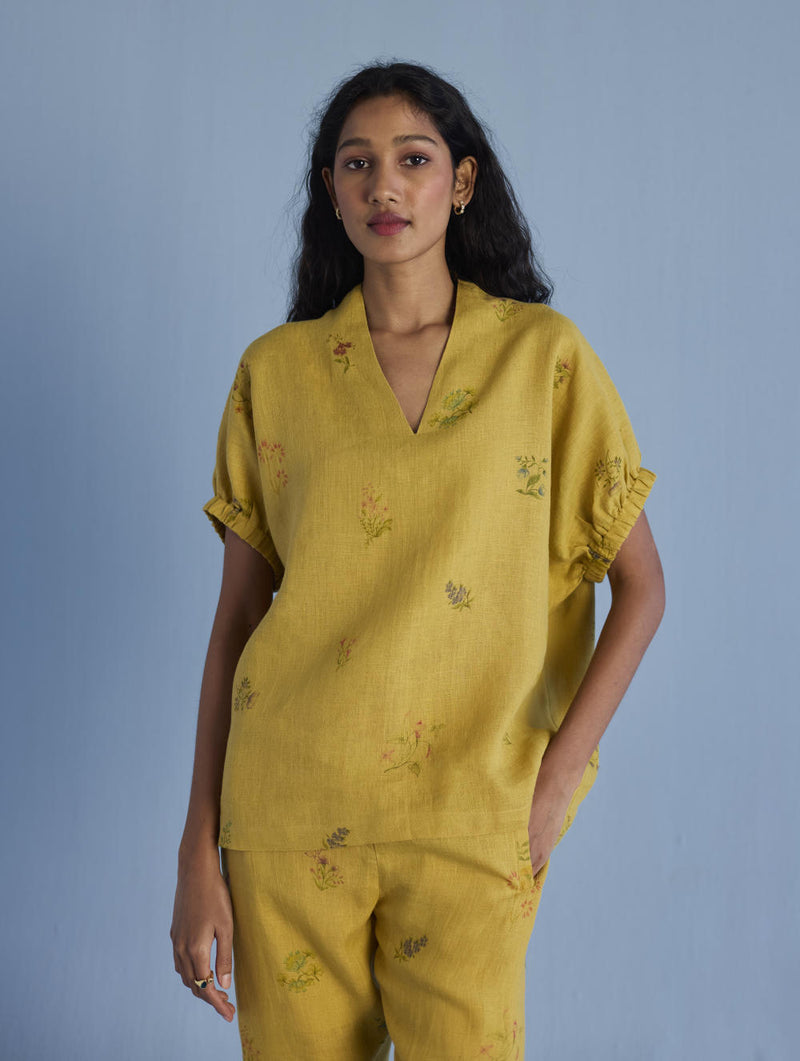 Mihen Elasticated Sleeve Co-ord Set - Ochre linen by Manan for women in Singapore