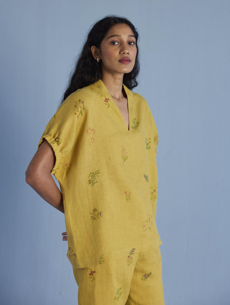Mihen Elasticated Sleeve Co-ord Set - Ochre linen by Manan for women in Singapore