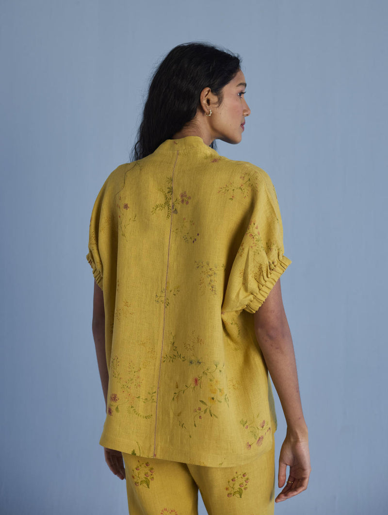 Mihen Elasticated Sleeve Linen Top - Ochre linen by Manan for women in Singapore