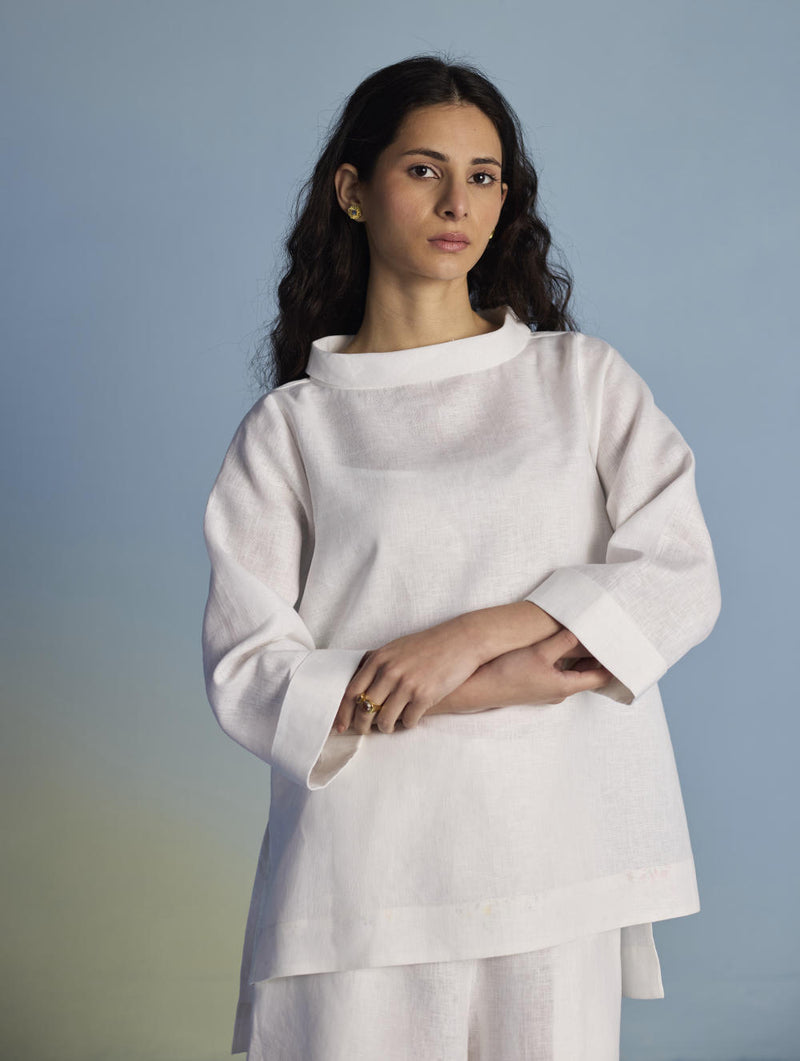 Ishi Boat-Neck Linen Top - White linen by Manan in white color for women in Singapore