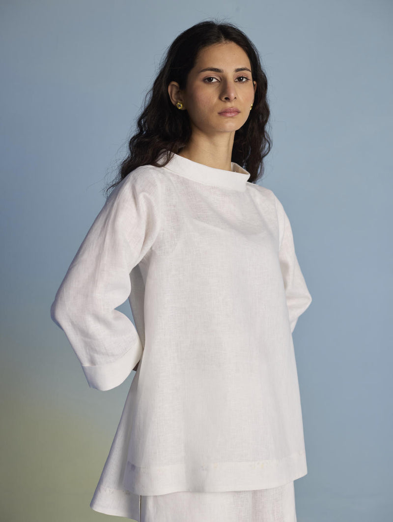 Ishi Boat-Neck Linen Co-ord Set - White linen by Manan in white color for women in Singapore