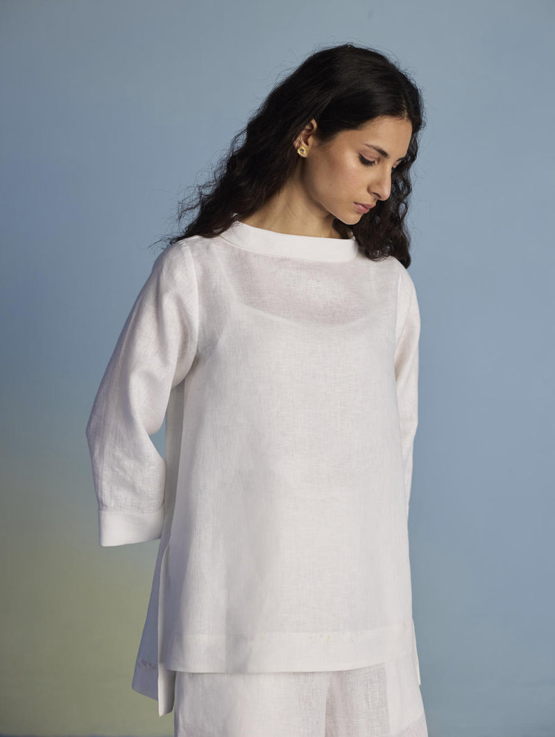 Ishi Boat-Neck Linen Top - White linen by Manan in white color for women in Singapore