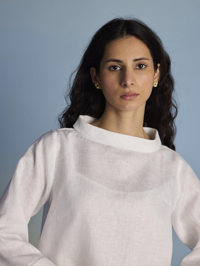 Ishi Boat-Neck Linen Top - White linen by Manan in white color for women in Singapore