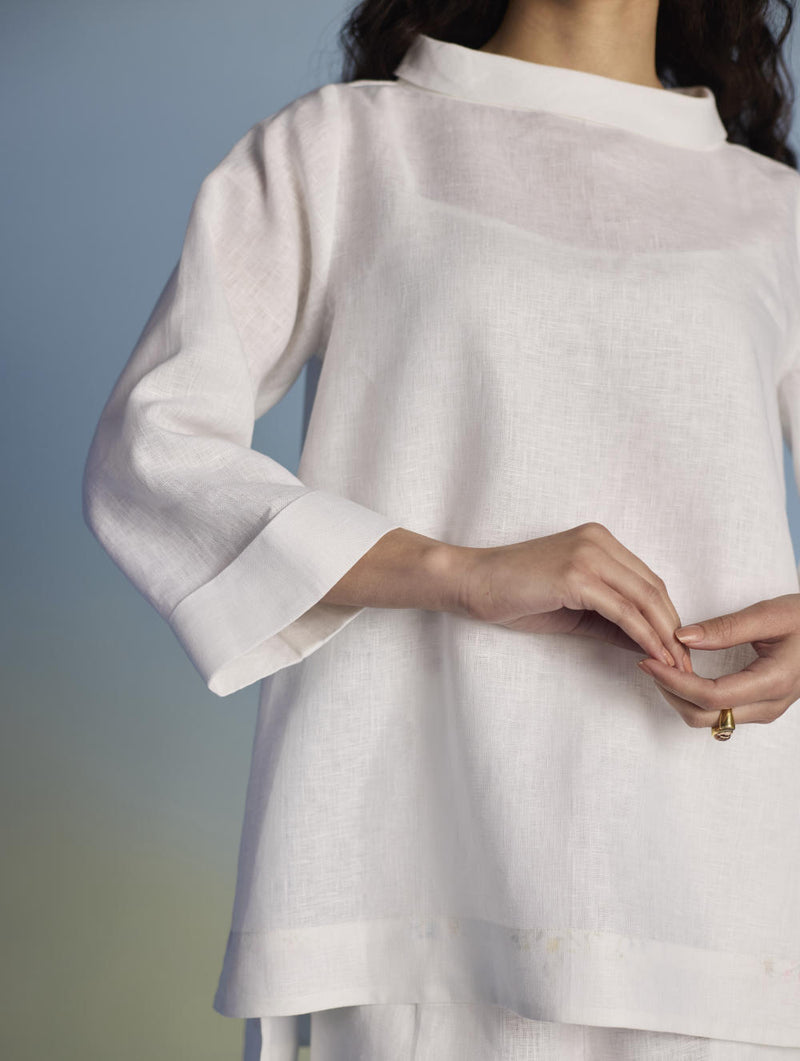 Ishi Boat-Neck Linen Co-ord Set - White linen by Manan in white color for women in Singapore