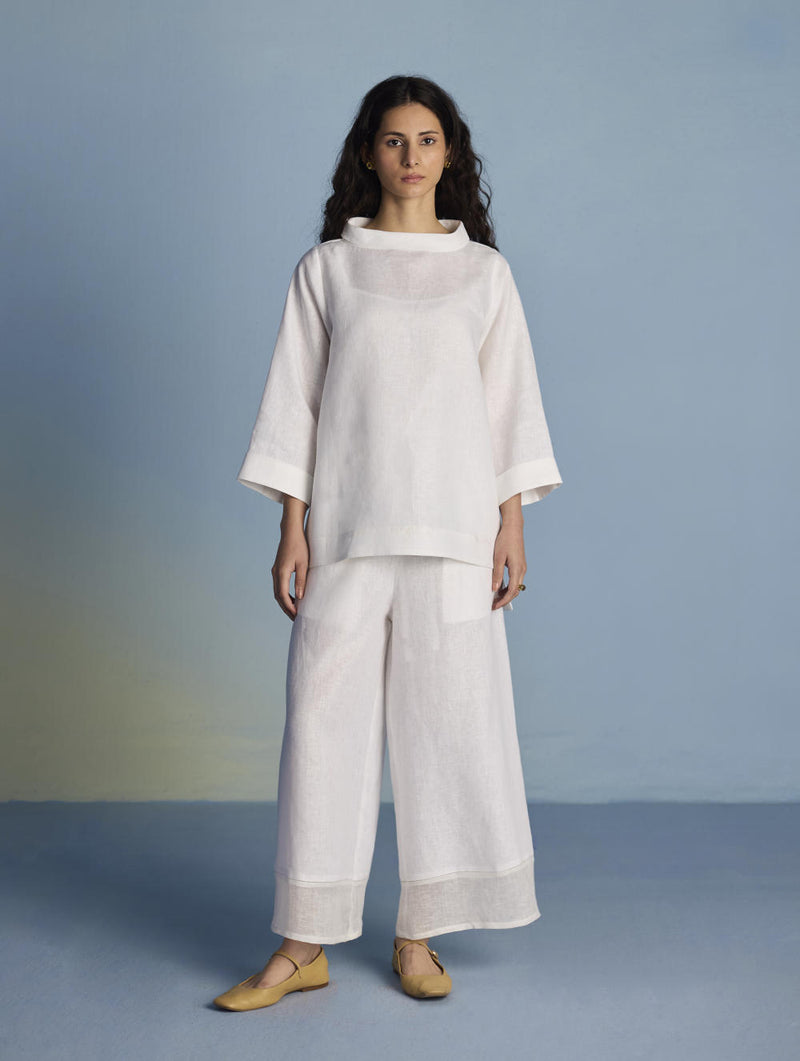 Ishi Boat-Neck Linen Top - White linen by Manan in white color for women in Singapore