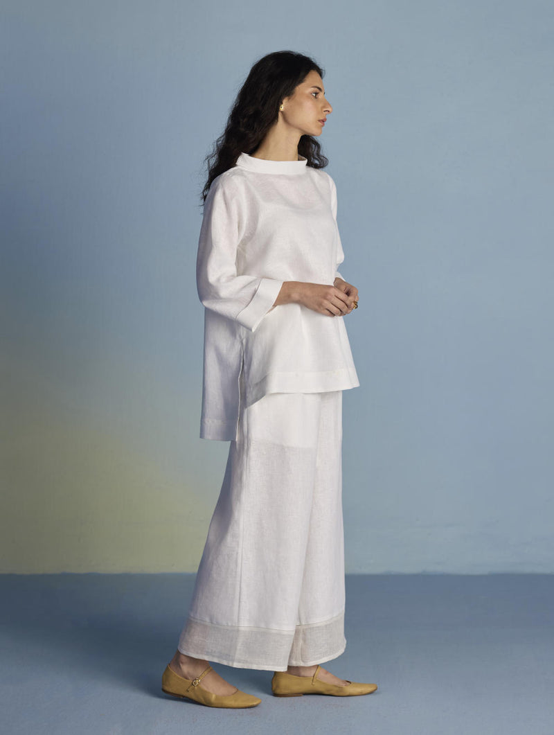 Ishi Boat-Neck Linen Co-ord Set - White linen by Manan in white color for women in Singapore