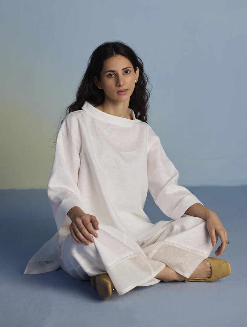 Ishi Boat-Neck Linen Top - White linen by Manan in white color for women in Singapore