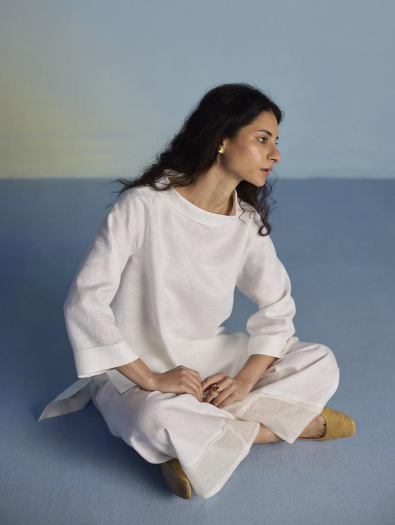 Ishi Boat-Neck Linen Top - White linen by Manan in white color for women in Singapore