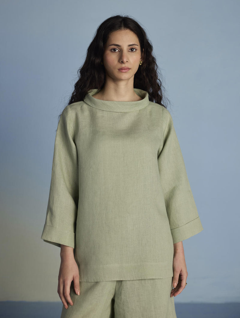 Ishi Boat-Neck Linen Co-ord Set - Mint linen by Manan in mint color for women in Singapore