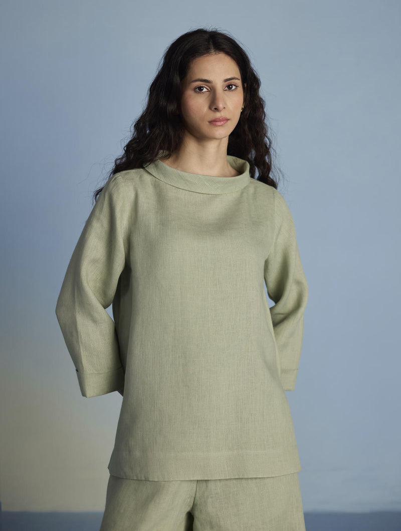 Ishi Boat-Neck Linen Co-ord Set - Mint linen by Manan in mint color for women in Singapore