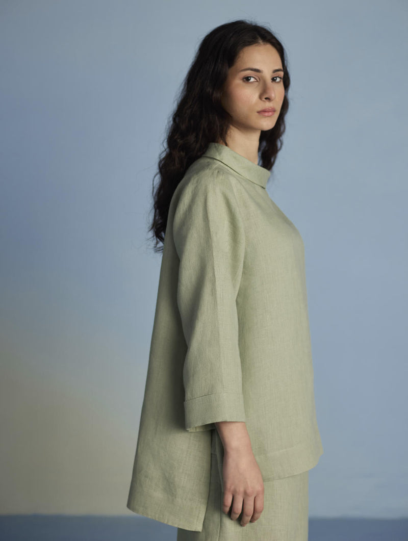 Ishi Boat-Neck Linen Top - Mint linen by Manan in mint color for women in Singapore