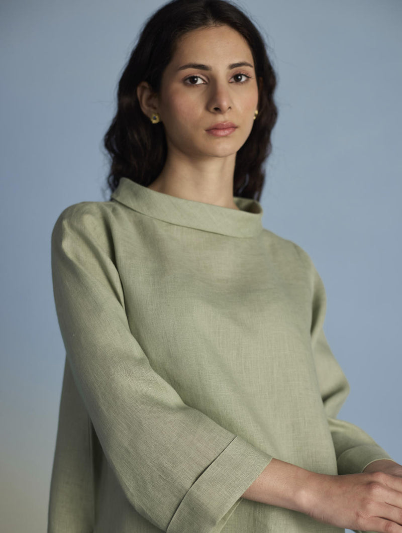 Ishi Boat-Neck Linen Top - Mint linen by Manan in mint color for women in Singapore