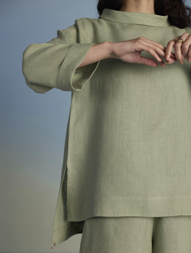 Ishi Boat-Neck Linen Top - Mint linen by Manan in mint color for women in Singapore