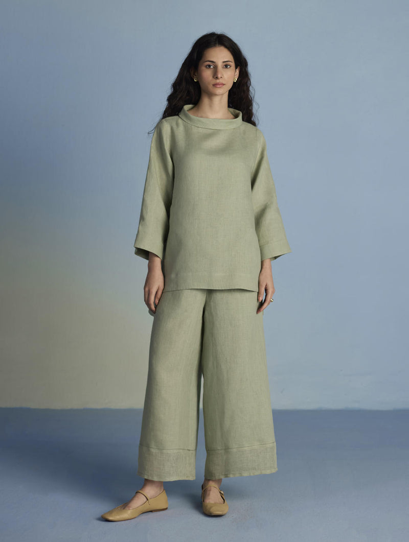 Ishi Boat-Neck Linen Top - Mint linen by Manan in mint color for women in Singapore
