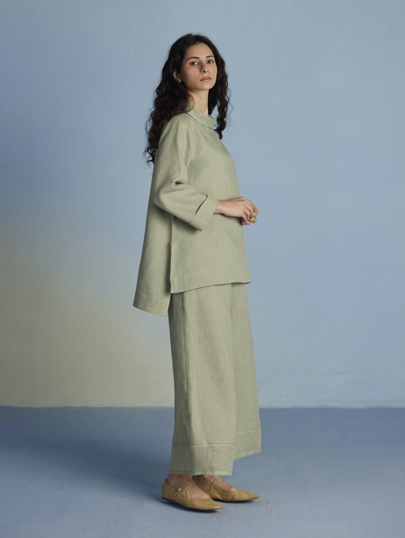 Ishi Boat-Neck Linen Top - Mint linen by Manan in mint color for women in Singapore