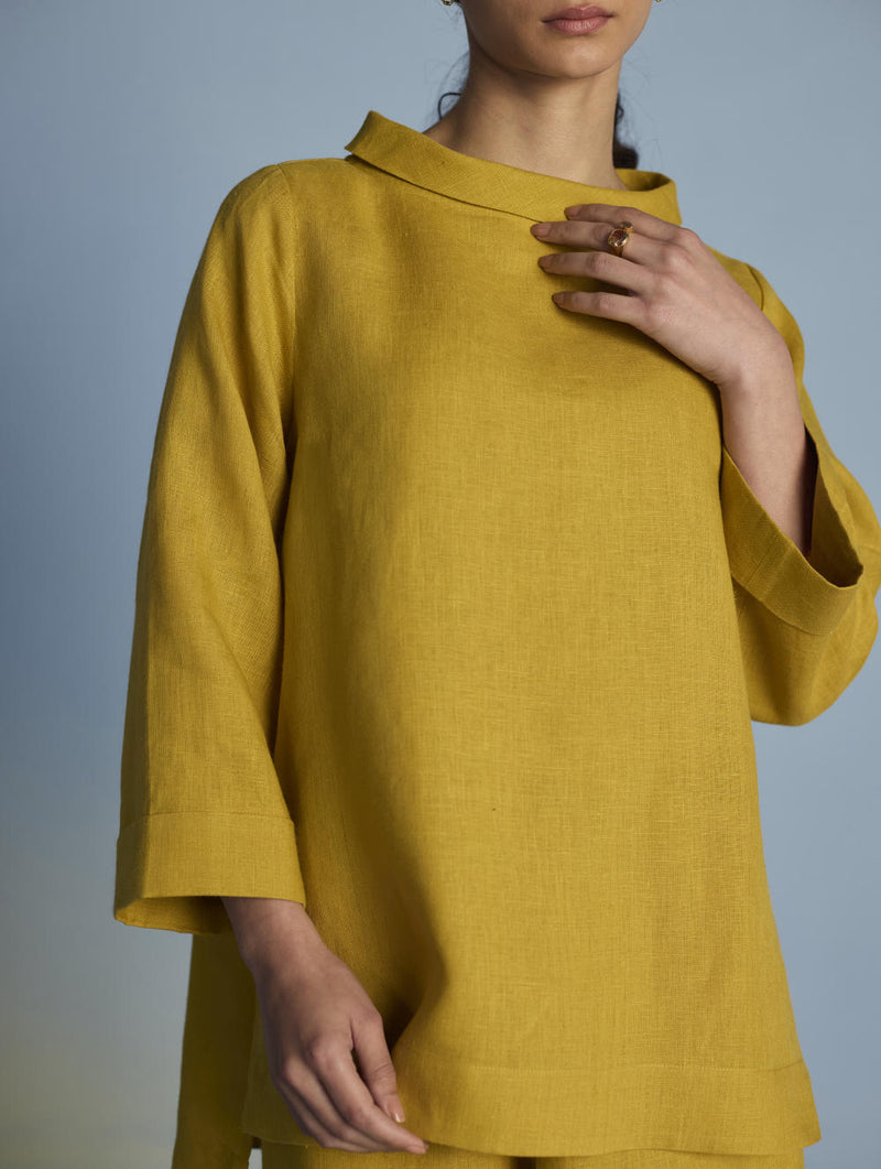 Ishi Boat-Neck Linen Top - Ochre linen by Manan for women in Singapore