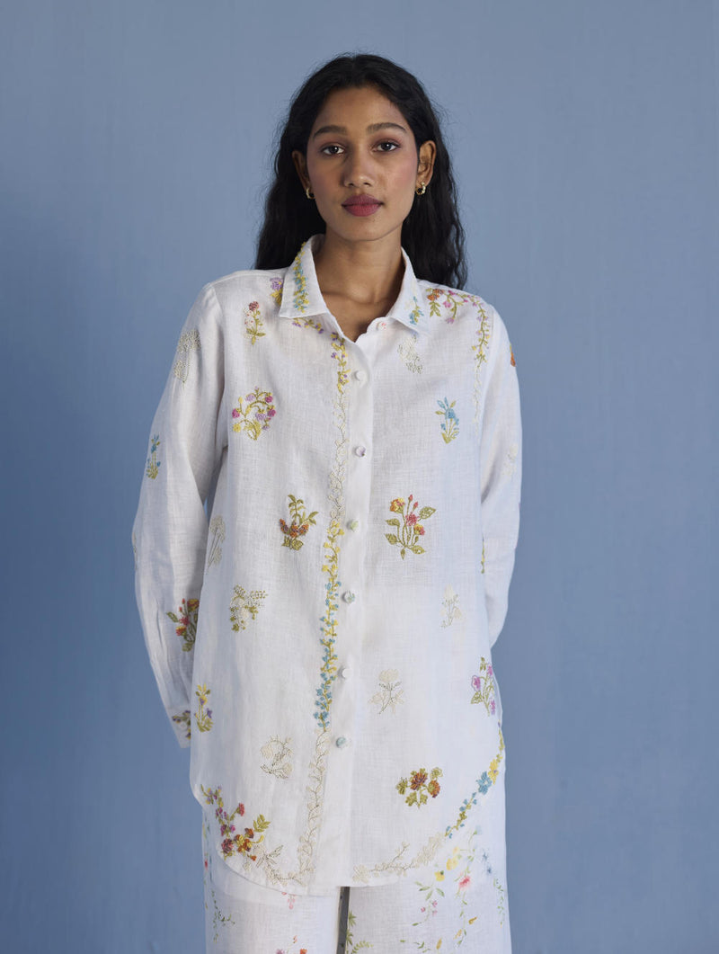 Alila Embroidered Oversized Co-ord Set - White linen by Manan in white color for women in Singapore