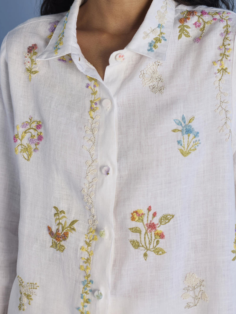 Alila Hand-Embroidered Linen Shirt - White linen by Manan in white color for women in Singapore