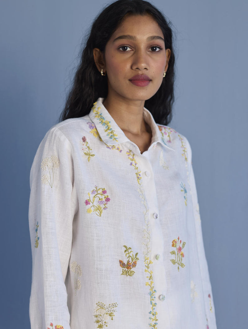 Alila Hand-Embroidered Linen Shirt - White linen by Manan in white color for women in Singapore