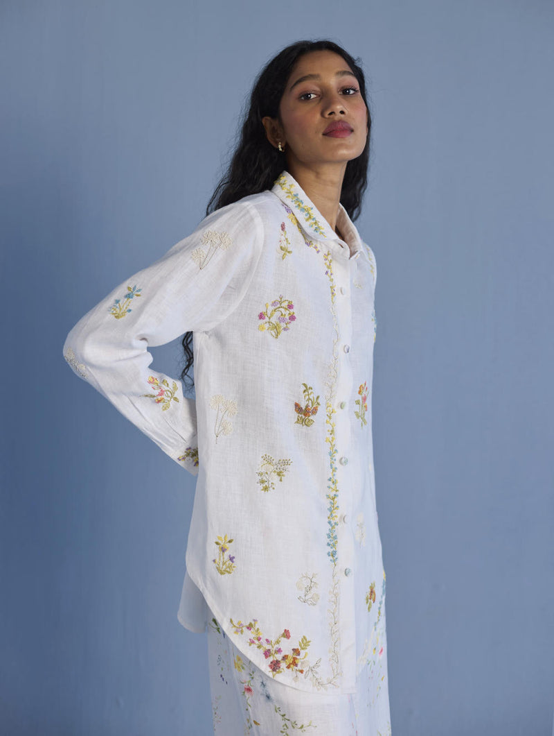 Alila Hand-Embroidered Linen Shirt - White linen by Manan in white color for women in Singapore