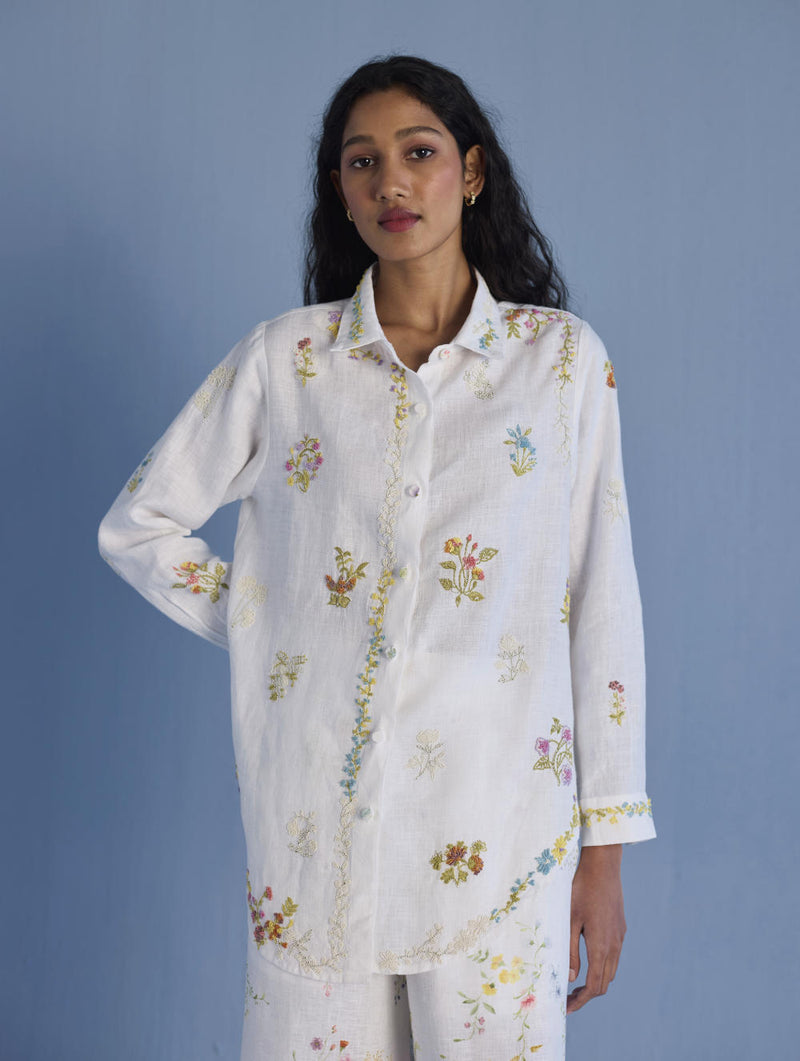 Alila Hand-Embroidered Linen Shirt - White linen by Manan in white color for women in Singapore