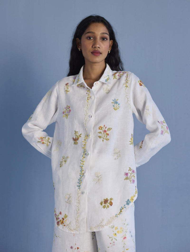 Alila Hand-Embroidered Linen Shirt - White linen by Manan in white color for women in Singapore