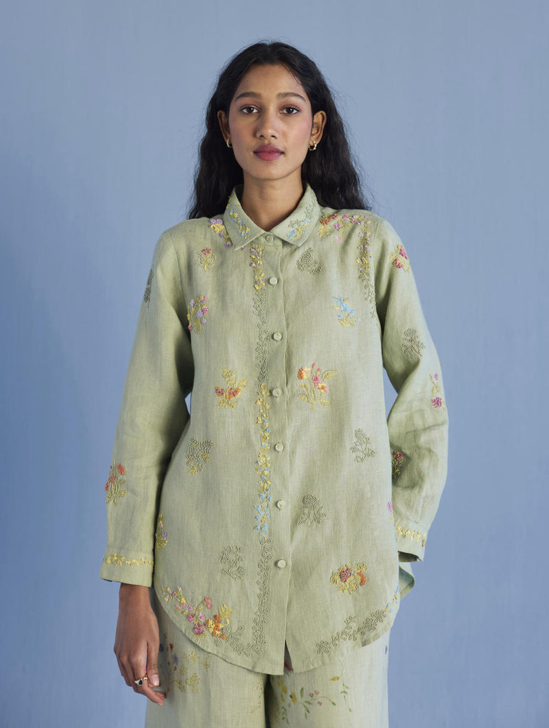 Alila Embroidered Oversized Co-ord Set - Mint linen by Manan in mint color for women in Singapore