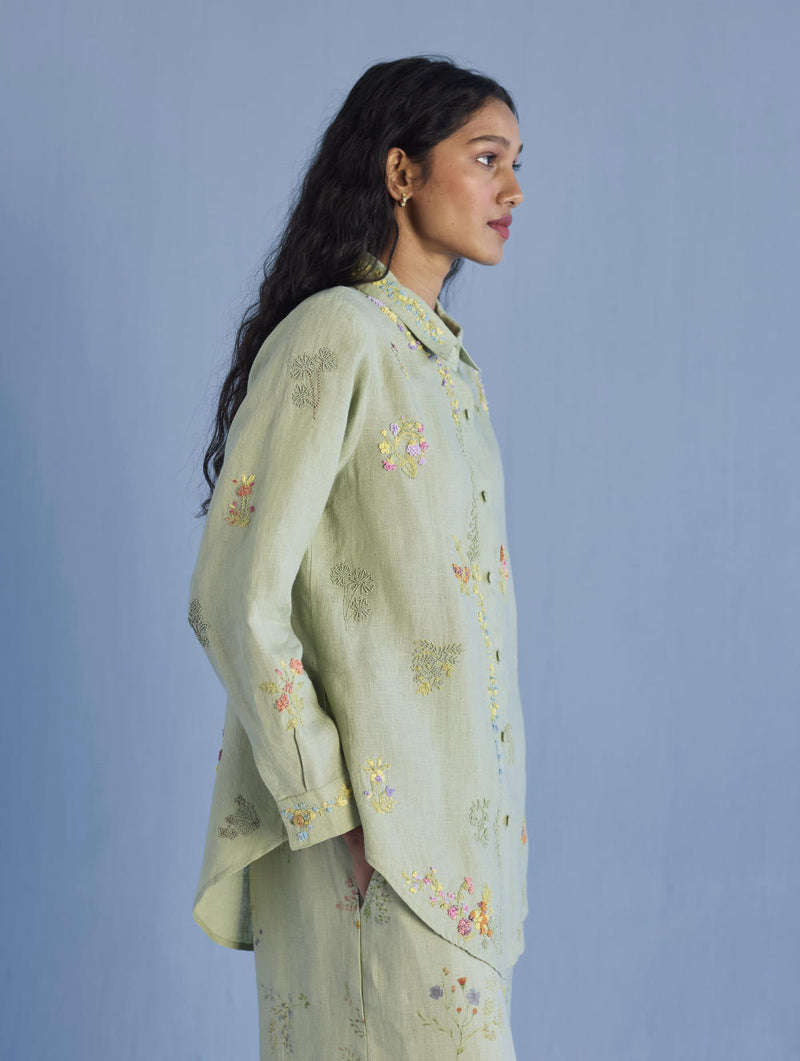 Alila Hand-Embroidered Linen Shirt - Mint linen by Manan in mint color for women in Singapore