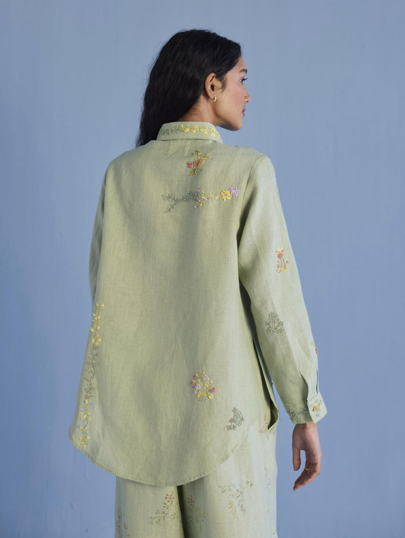 Alila Hand-Embroidered Linen Shirt - Mint linen by Manan in mint color for women in Singapore