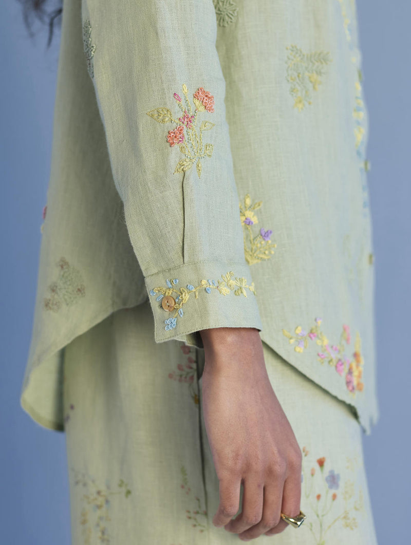 Alila Hand-Embroidered Linen Shirt - Mint linen by Manan in mint color for women in Singapore