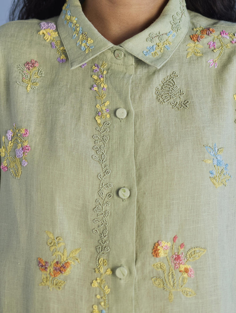 Alila Hand-Embroidered Linen Shirt - Mint linen by Manan in mint color for women in Singapore