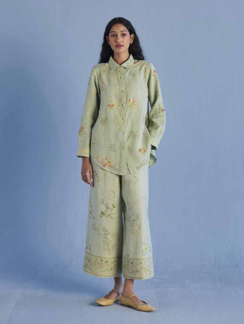 Alila Hand-Embroidered Linen Shirt - Mint linen by Manan in mint color for women in Singapore