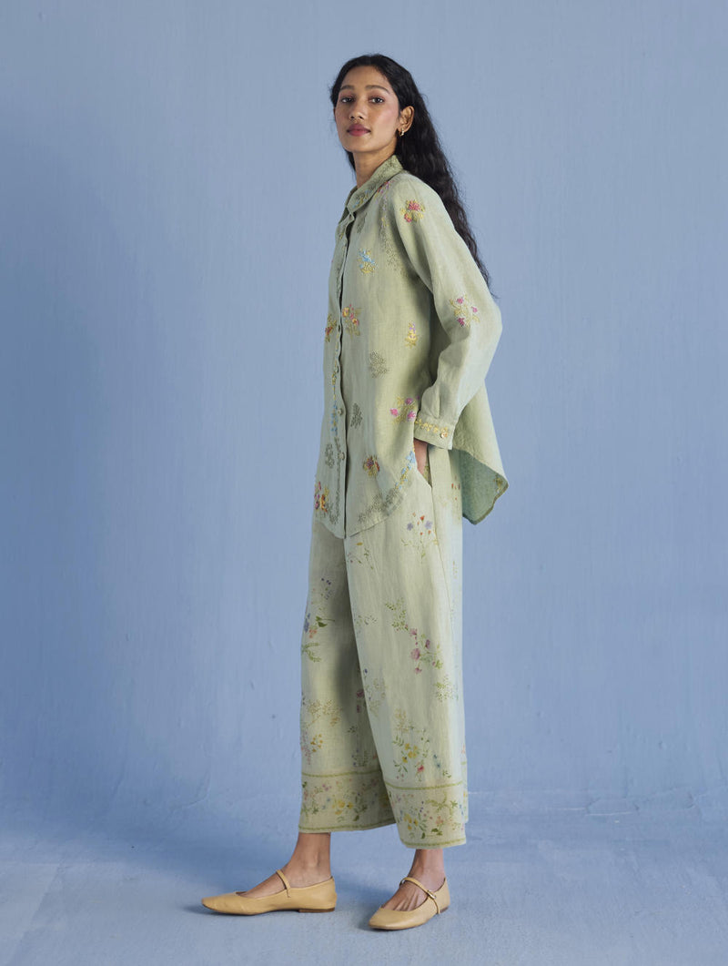 Alila Hand-Embroidered Linen Shirt - Mint linen by Manan in mint color for women in Singapore