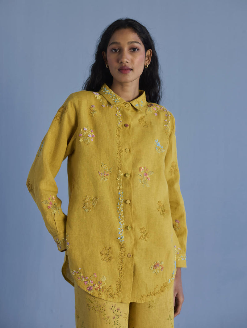 Alila Embroidered Oversized Co-ord Set - Ochre linen by Manan for women in Singapore