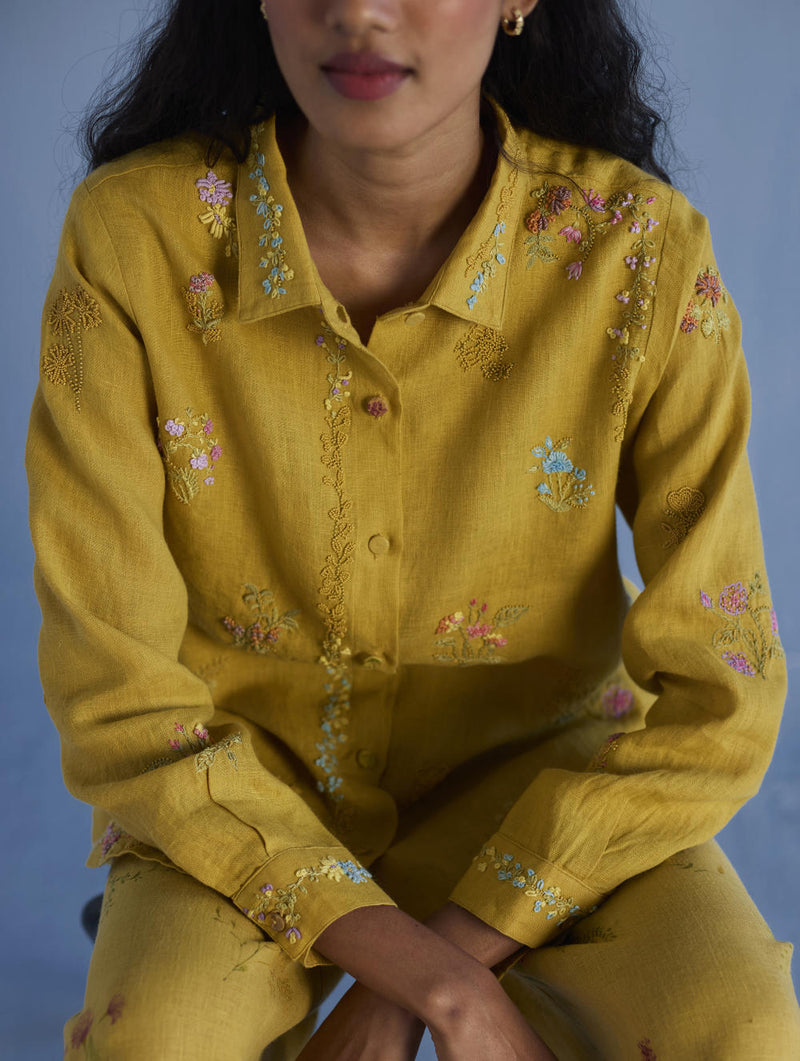 Alila Embroidered Oversized Co-ord Set - Ochre linen by Manan for women in Singapore