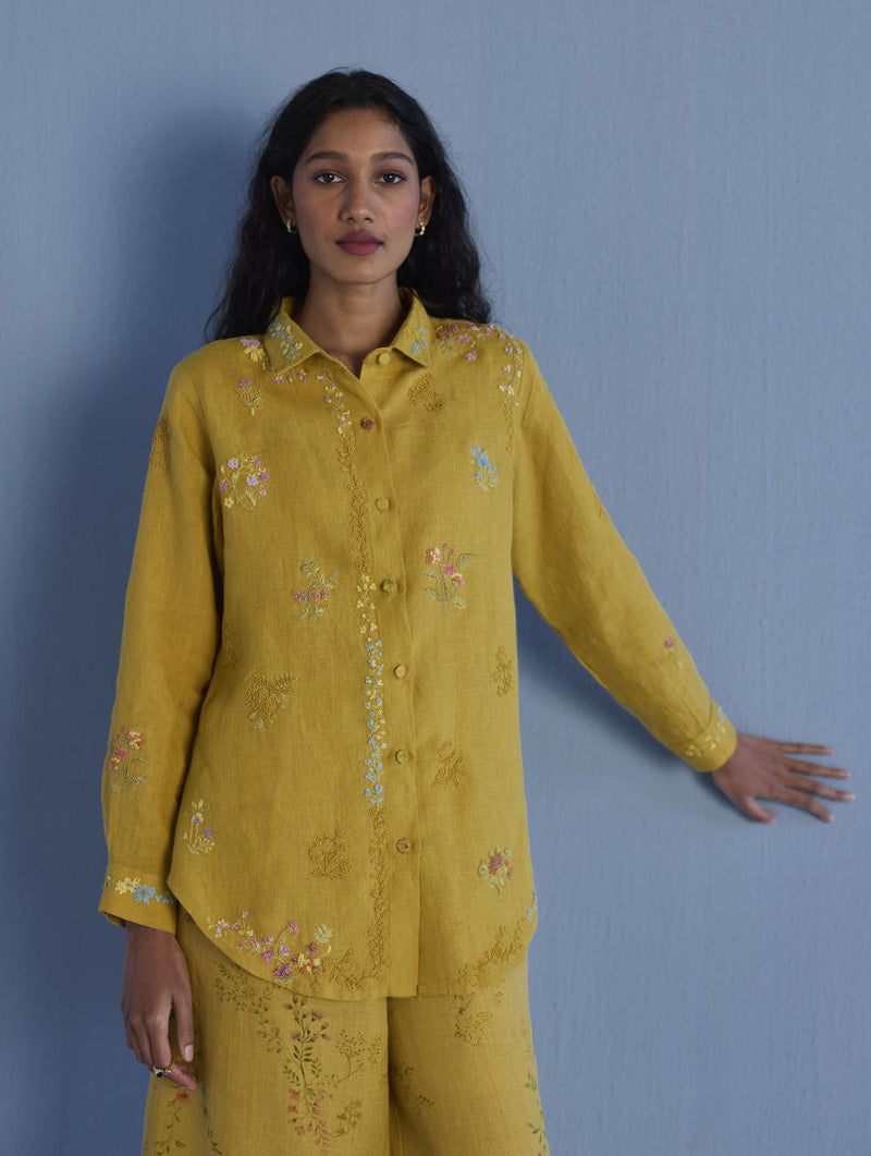 Alila Embroidered Oversized Co-ord Set - Ochre linen by Manan for women in Singapore