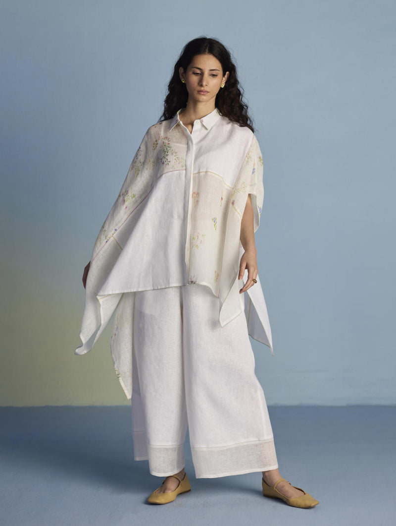 Osho Patchwork Kaftan Shirt - White linen by Manan in white color for women in Singapore