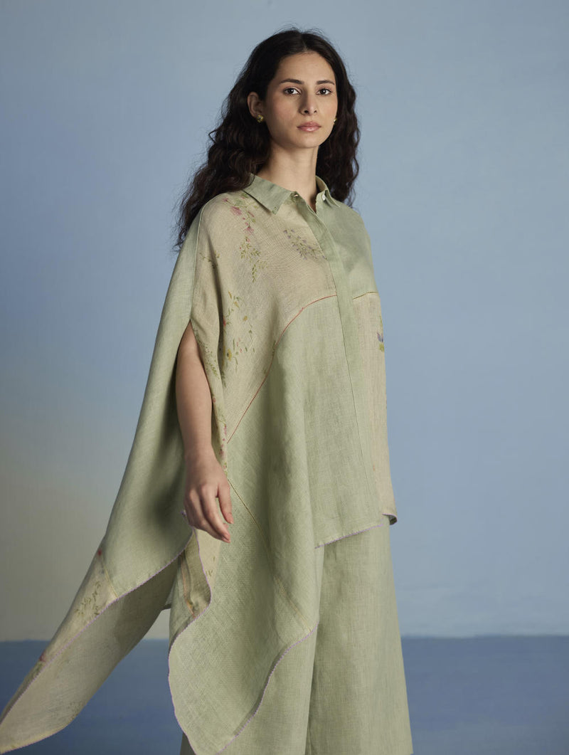 Osho Patchwork Kaftan Shirt - Mint linen by Manan in mint color for women in Singapore