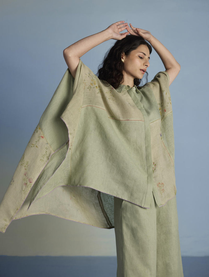 Osho Patchwork Kaftan Shirt - Mint linen by Manan in mint color for women in Singapore