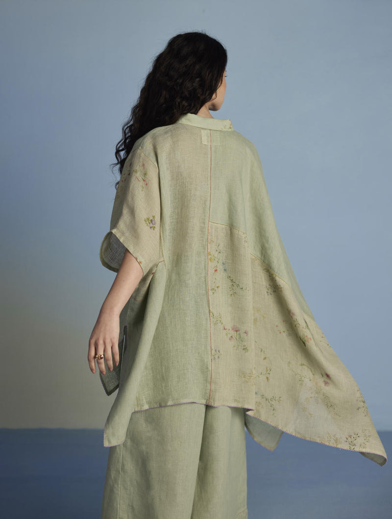 Osho Patchwork Kaftan Shirt - Mint linen by Manan in mint color for women in Singapore
