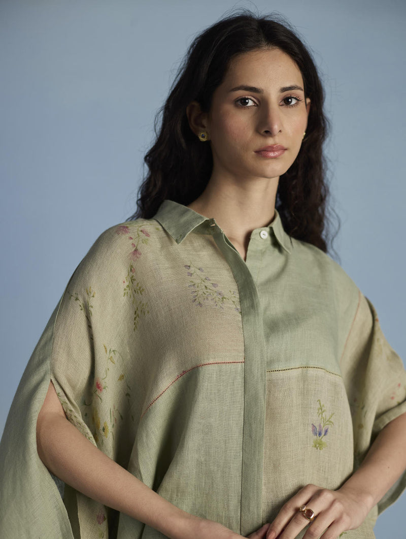 Osho Patchwork Kaftan Shirt - Mint linen by Manan in mint color for women in Singapore