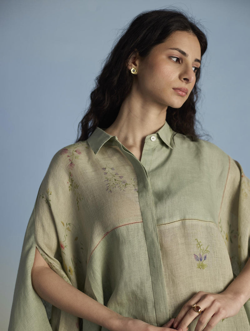 Osho Patchwork Kaftan Shirt - Mint linen by Manan in mint color for women in Singapore