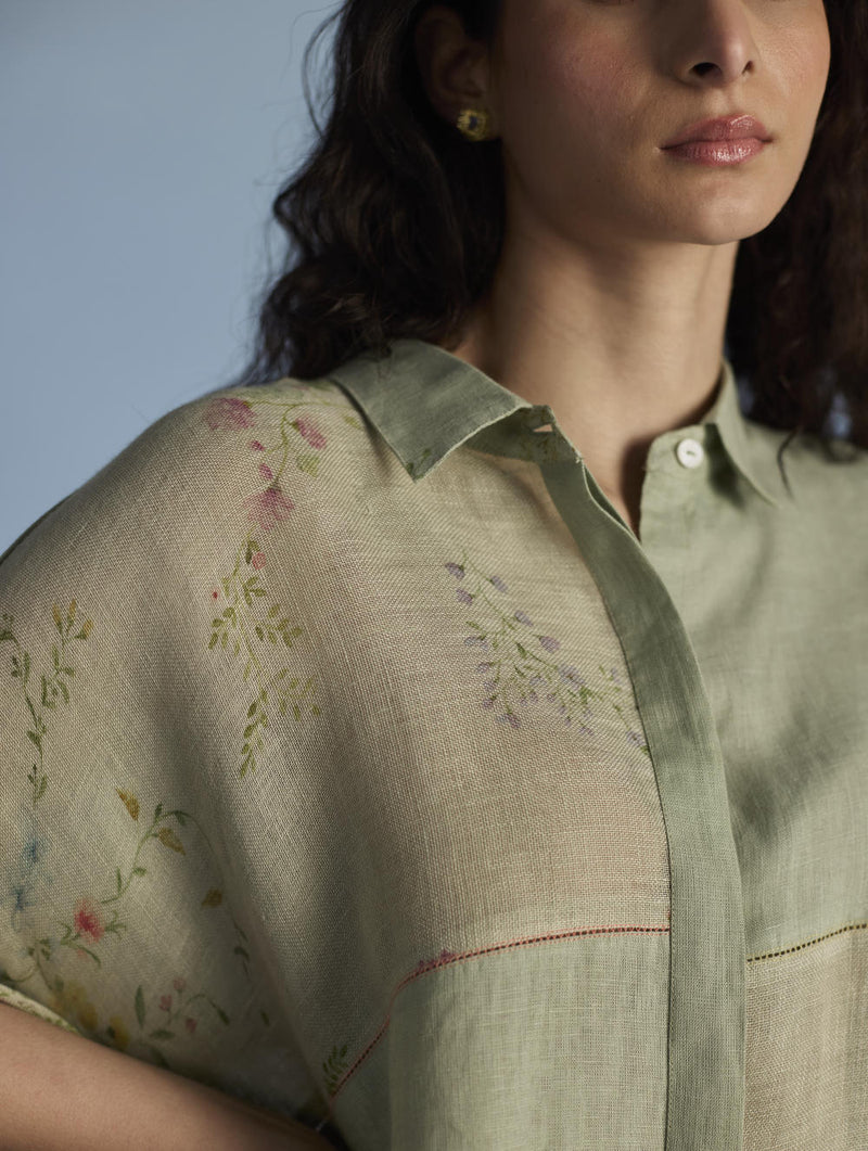 Osho Patchwork Kaftan Shirt - Mint linen by Manan in mint color for women in Singapore