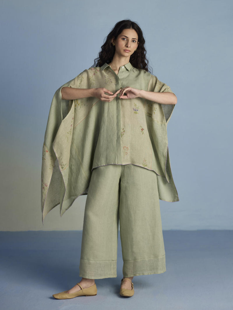 Osho Patchwork Kaftan Shirt - Mint linen by Manan in mint color for women in Singapore