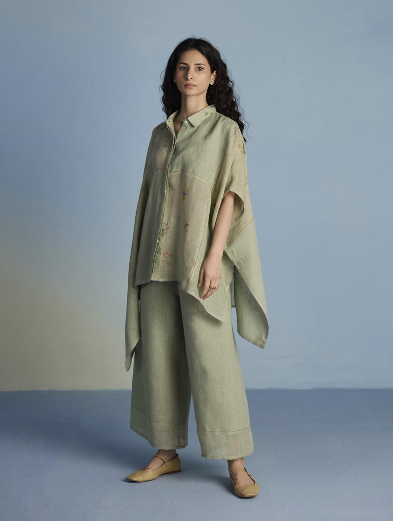 Osho Patchwork Kaftan Shirt - Mint linen by Manan in mint color for women in Singapore