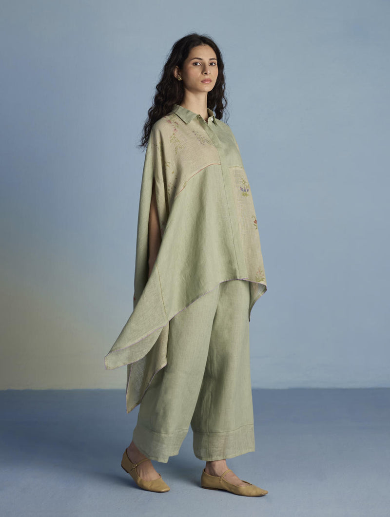 Osho Patchwork Kaftan Shirt - Mint linen by Manan in mint color for women in Singapore