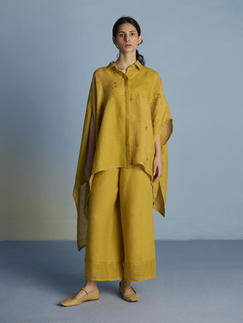 Osho Patchwork Kaftan Shirt - Ochre linen by Manan for women in Singapore